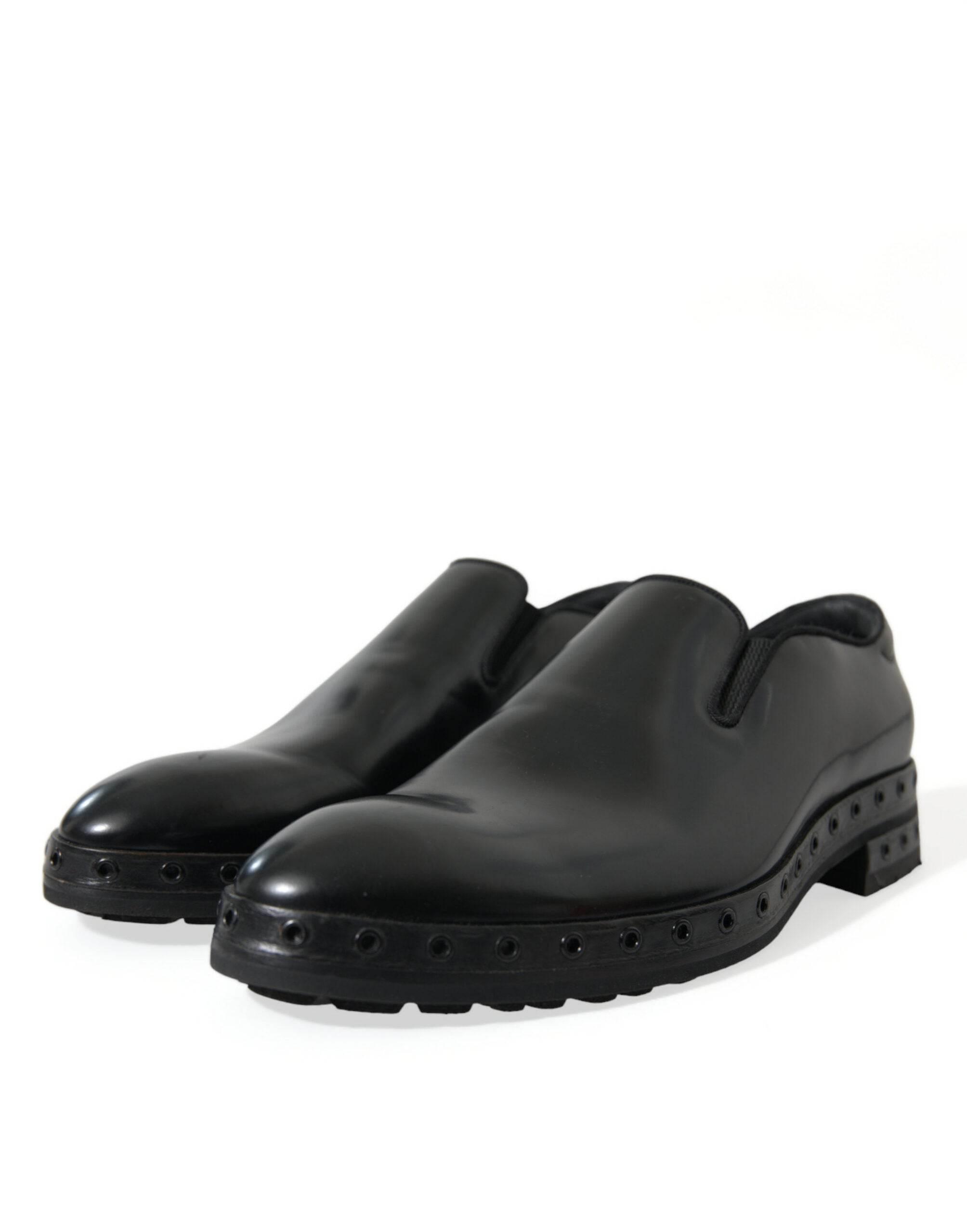 Dolce & Gabbana Elegant Black Leather Studded Loafers - Hilstor