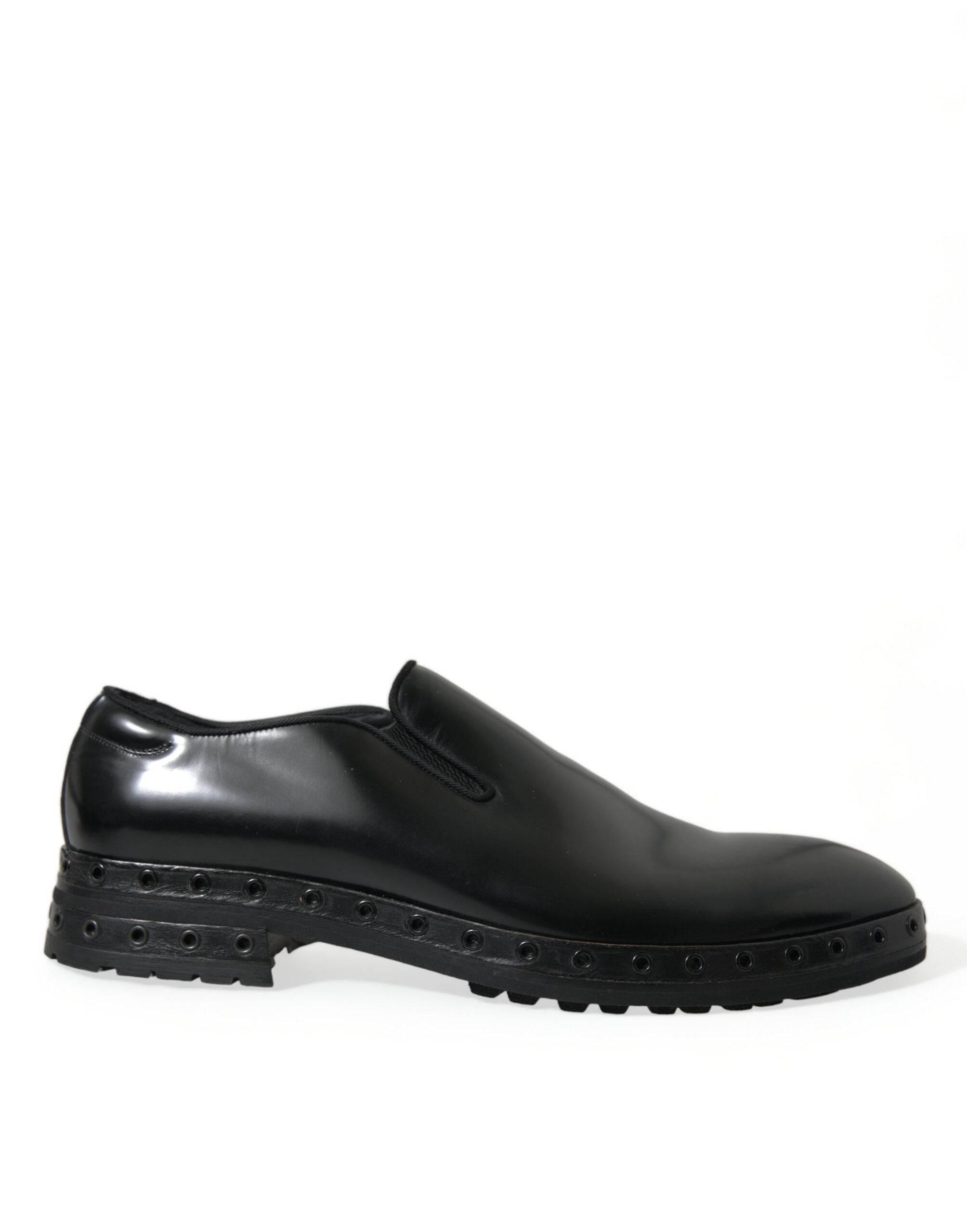 Dolce & Gabbana Elegant Black Leather Studded Loafers - Hilstor