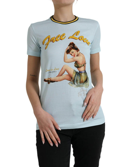Dolce & Gabbana Light Blue Cotton Free Love Crew Neck T-shirt - Hilstor