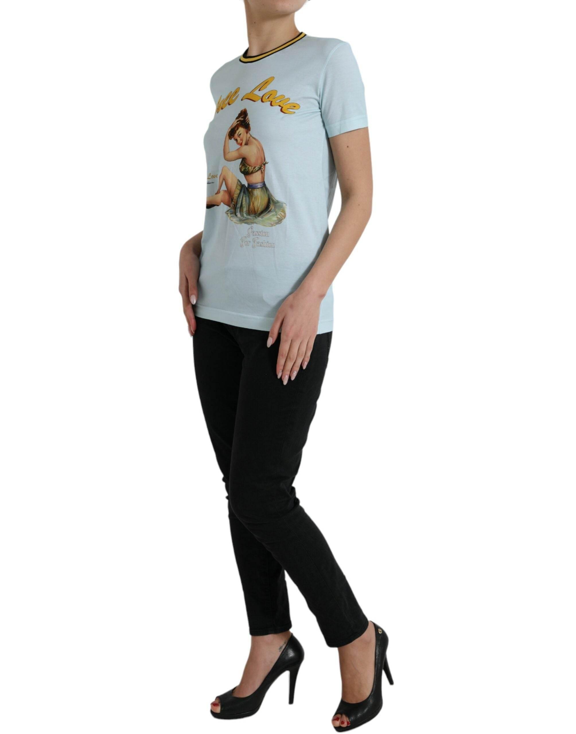 Dolce & Gabbana Light Blue Cotton Free Love Crew Neck T-shirt - Hilstor