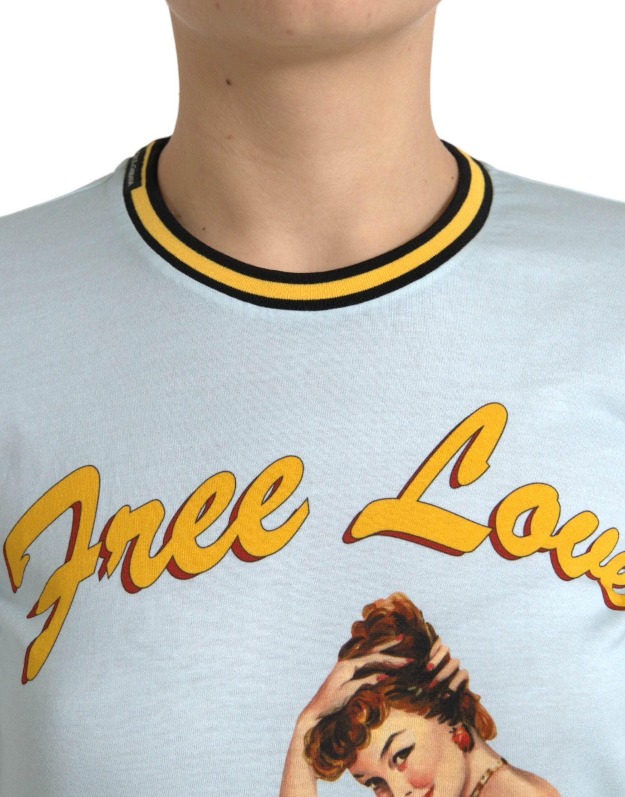 Dolce & Gabbana Light Blue Cotton Free Love Crew Neck T-shirt - Hilstor