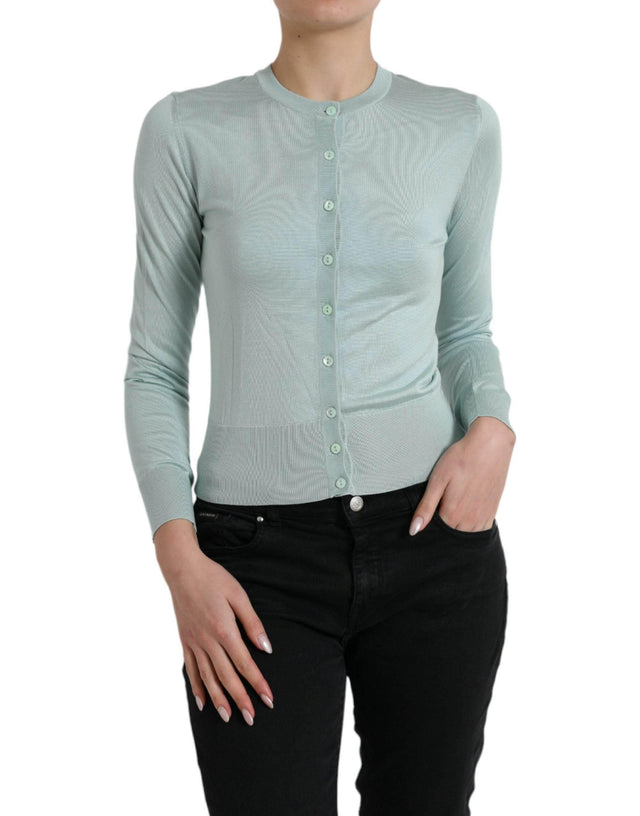 Dolce & Gabbana Light Blue Silk Crew Neck Cardigan Sweater - Hilstor