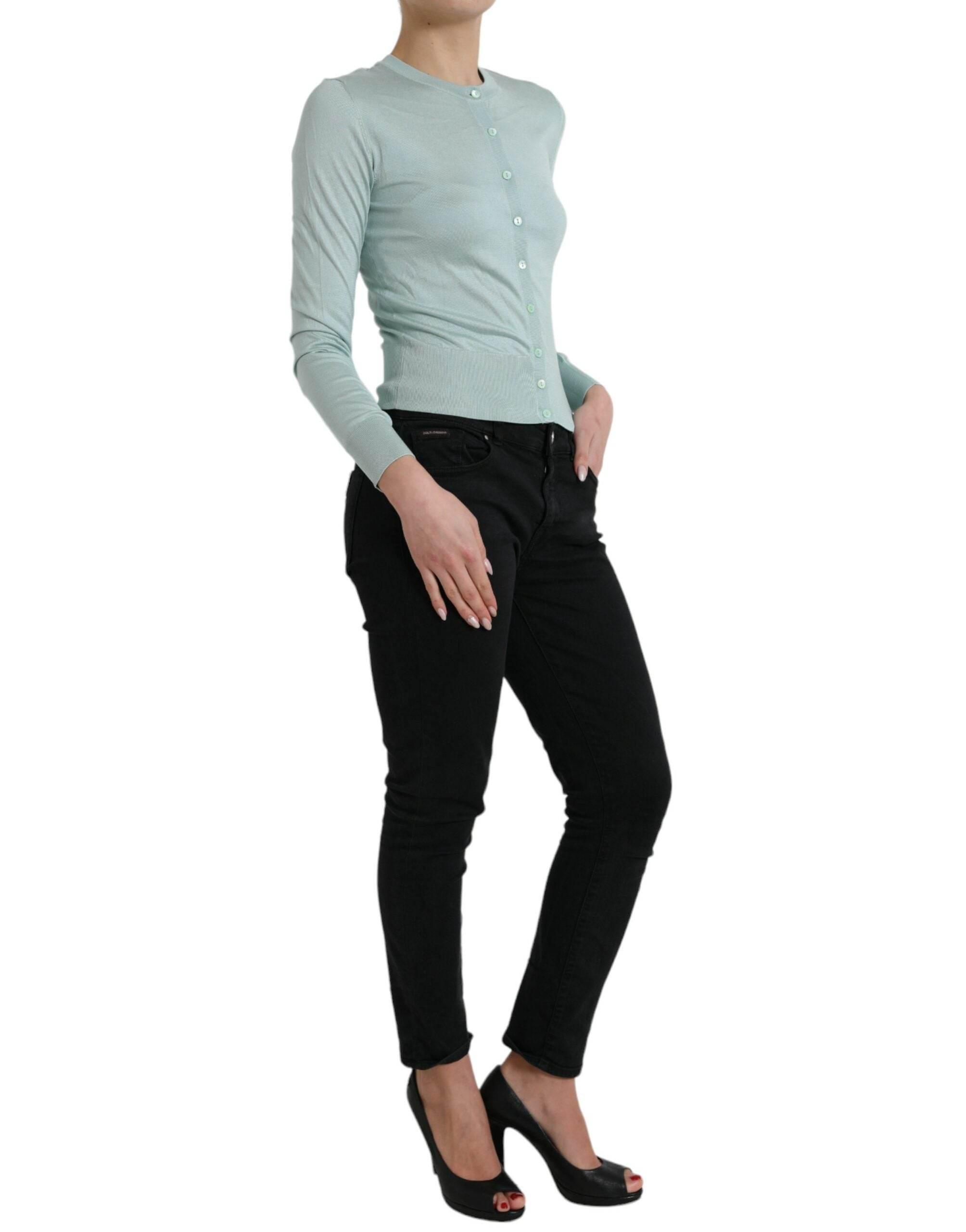 Dolce & Gabbana Light Blue Silk Crew Neck Cardigan Sweater - Hilstor