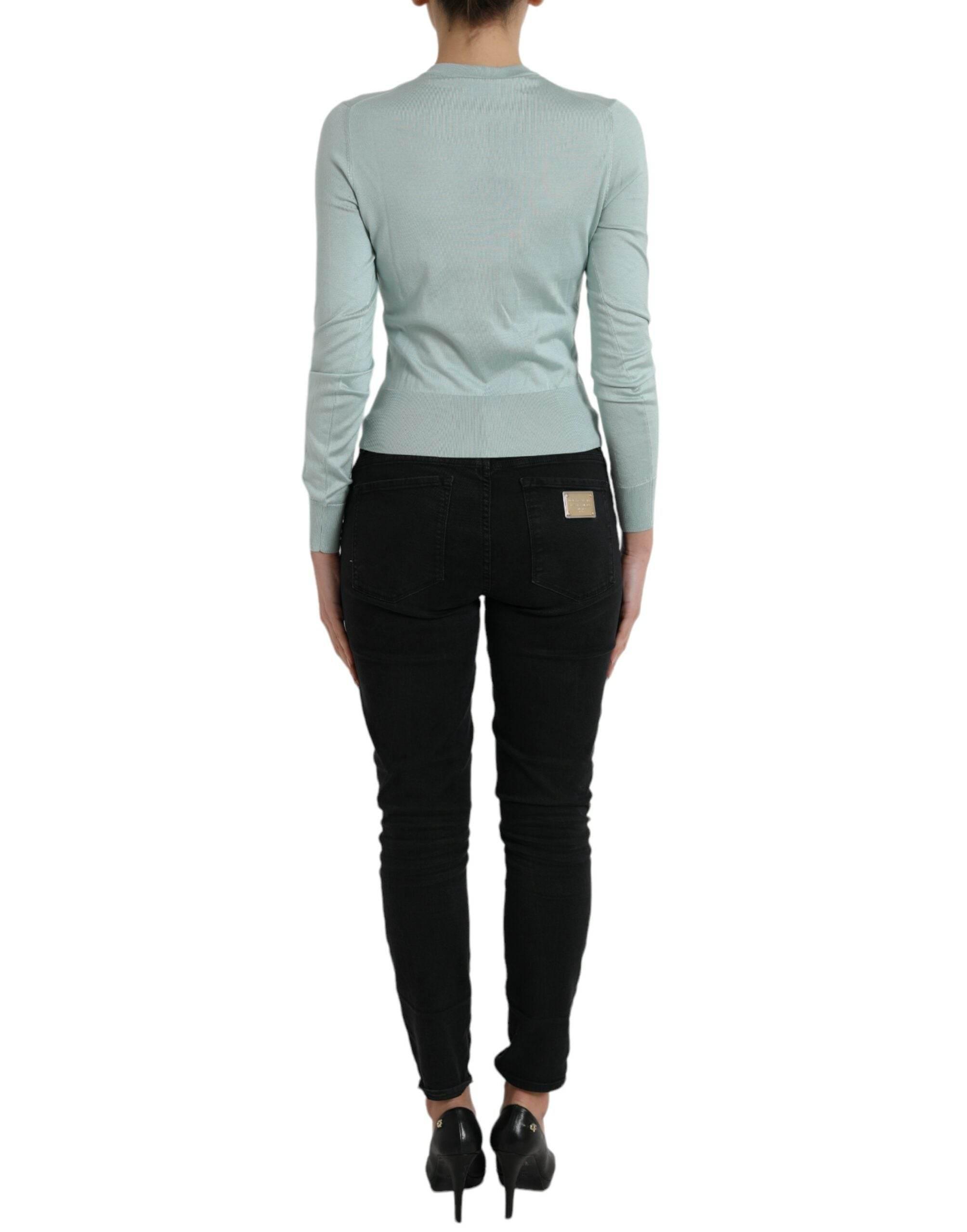 Dolce & Gabbana Light Blue Silk Crew Neck Cardigan Sweater - Hilstor