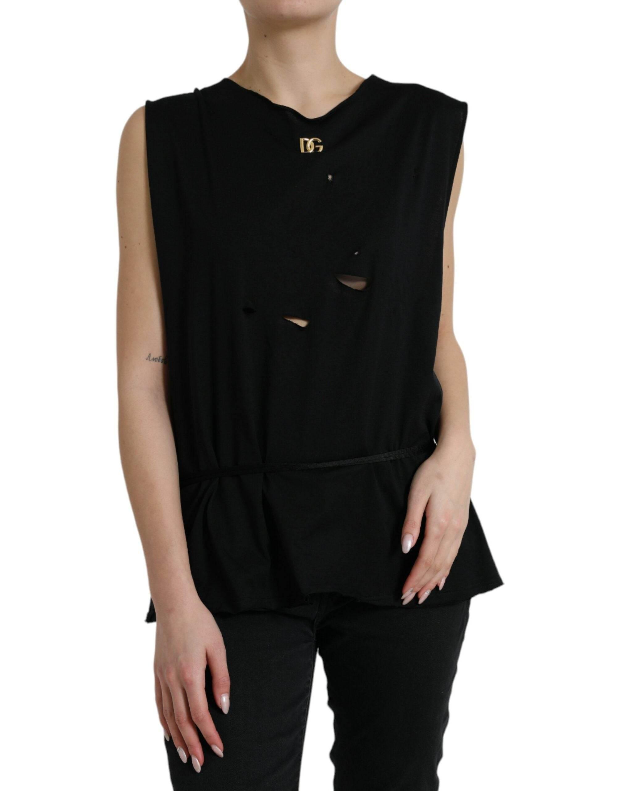 Dolce & Gabbana Black Cotton Lace Up Logo Round Neck Tank Top - Hilstor