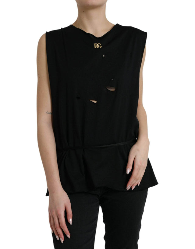 Dolce & Gabbana Black Cotton Lace Up Logo Round Neck Tank Top - Hilstor