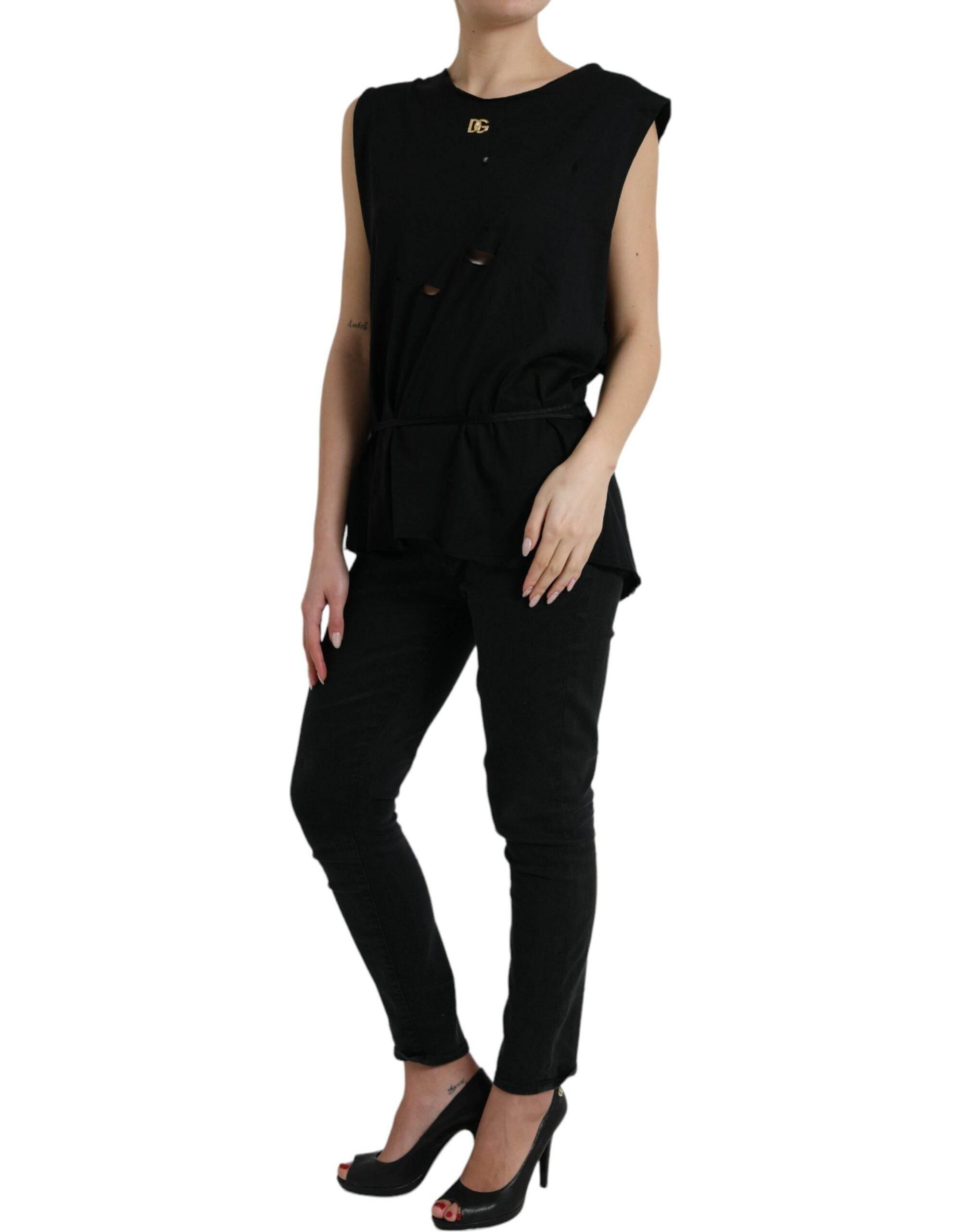 Dolce & Gabbana Black Cotton Lace Up Logo Round Neck Tank Top - Hilstor