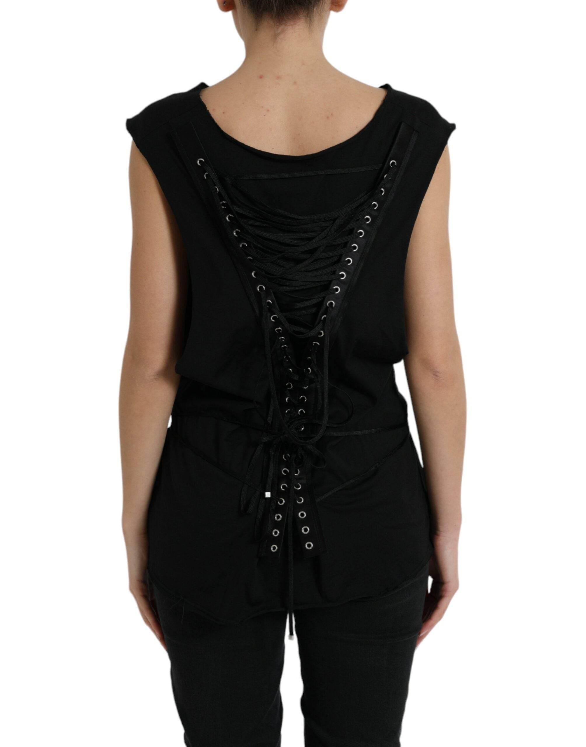 Dolce & Gabbana Black Cotton Lace Up Logo Round Neck Tank Top - Hilstor