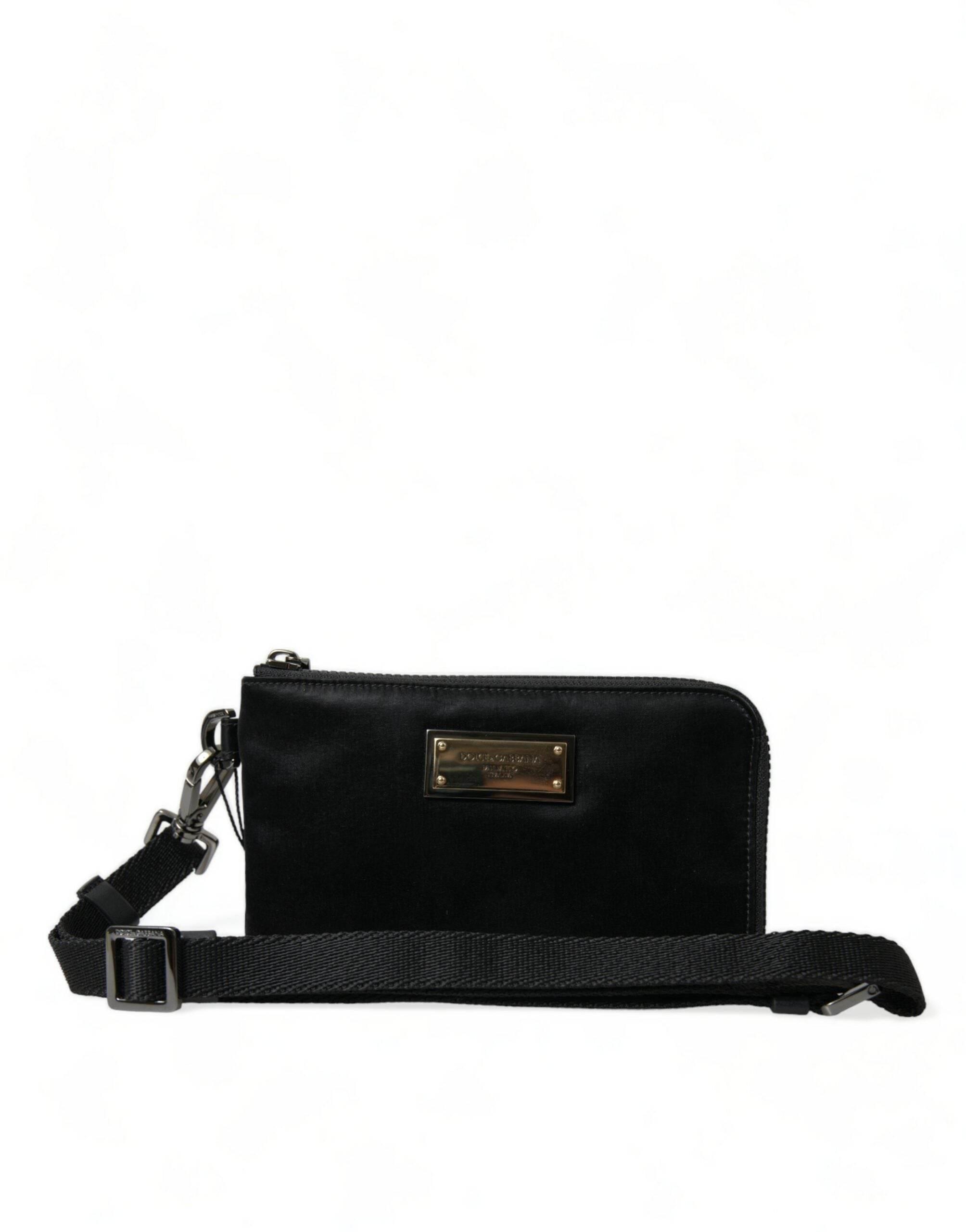 Dolce & Gabbana Elegant Black Nylon Leather Pouch with Silver Details - Hilstor