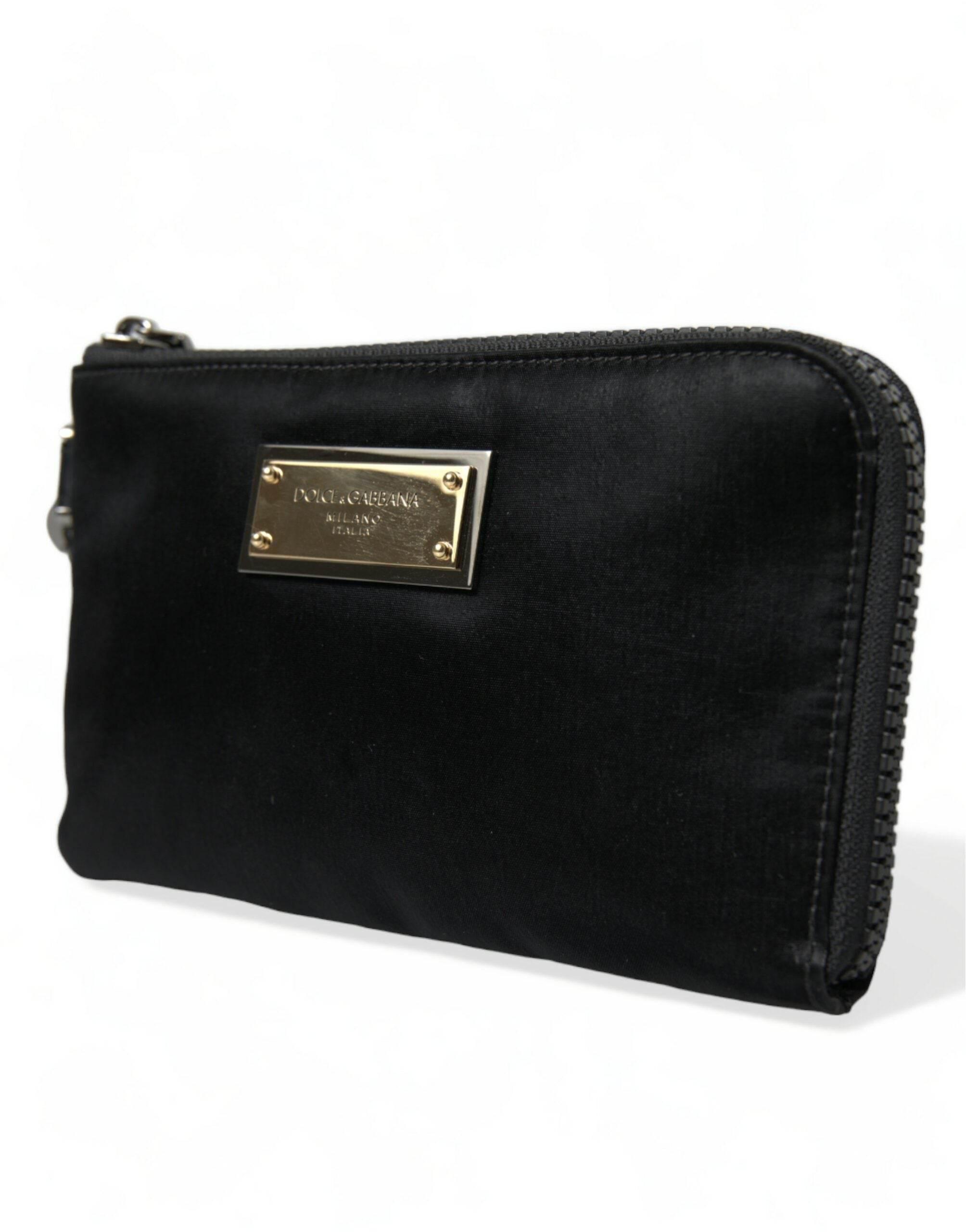 Dolce & Gabbana Elegant Black Nylon Leather Pouch with Silver Details - Hilstor