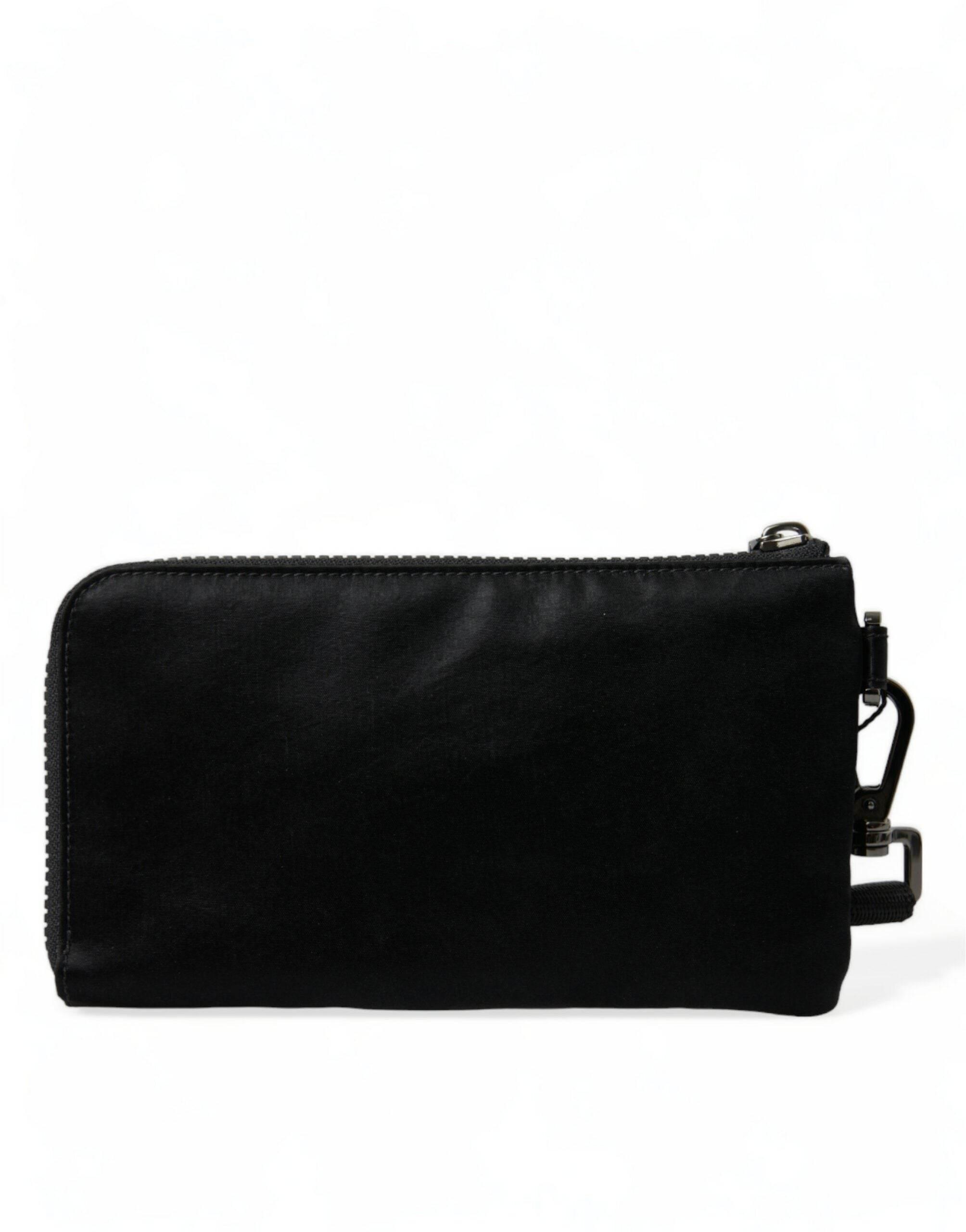 Dolce & Gabbana Elegant Black Nylon Leather Pouch with Silver Details - Hilstor