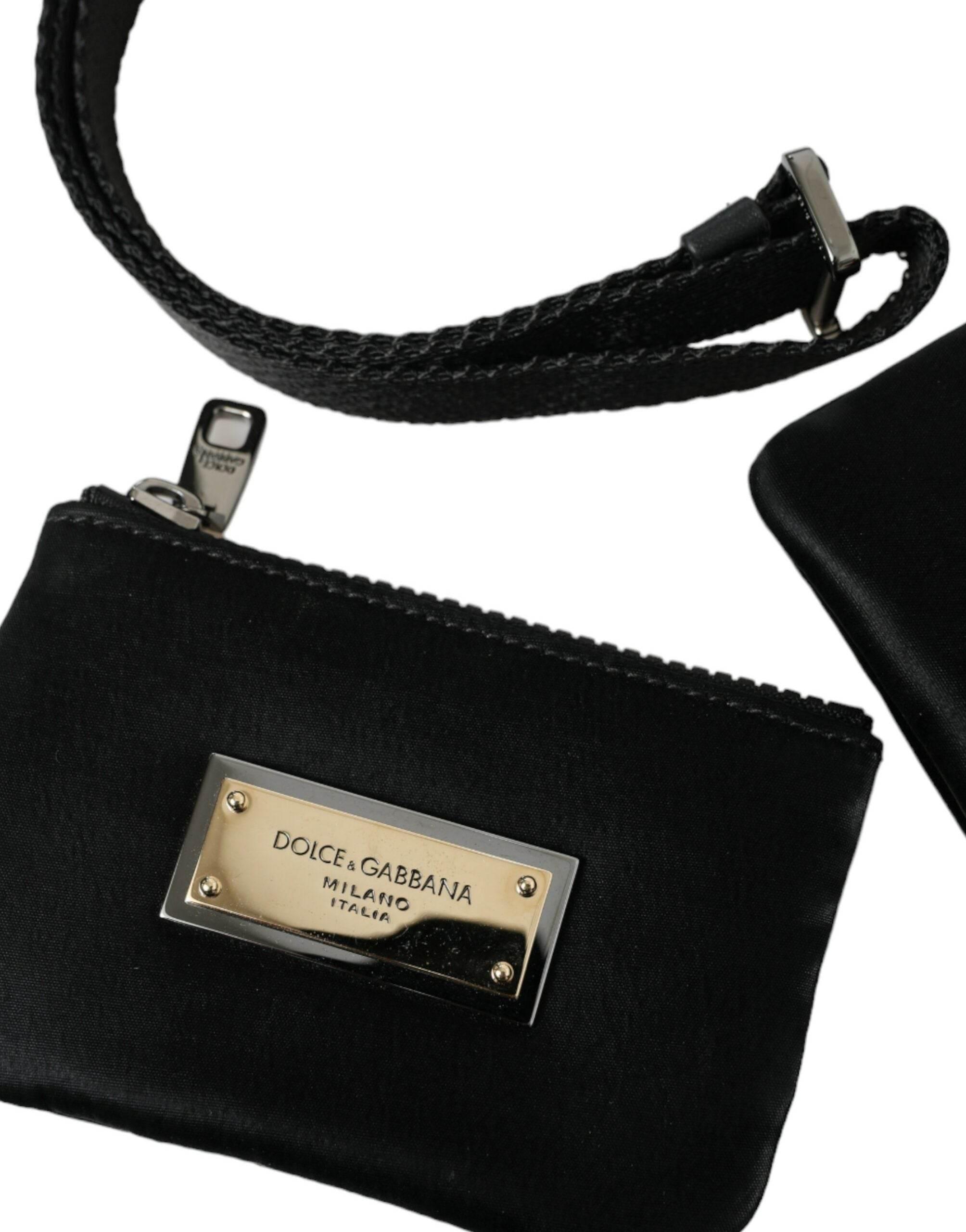 Dolce & Gabbana Elegant Black Nylon Leather Pouch with Silver Details - Hilstor