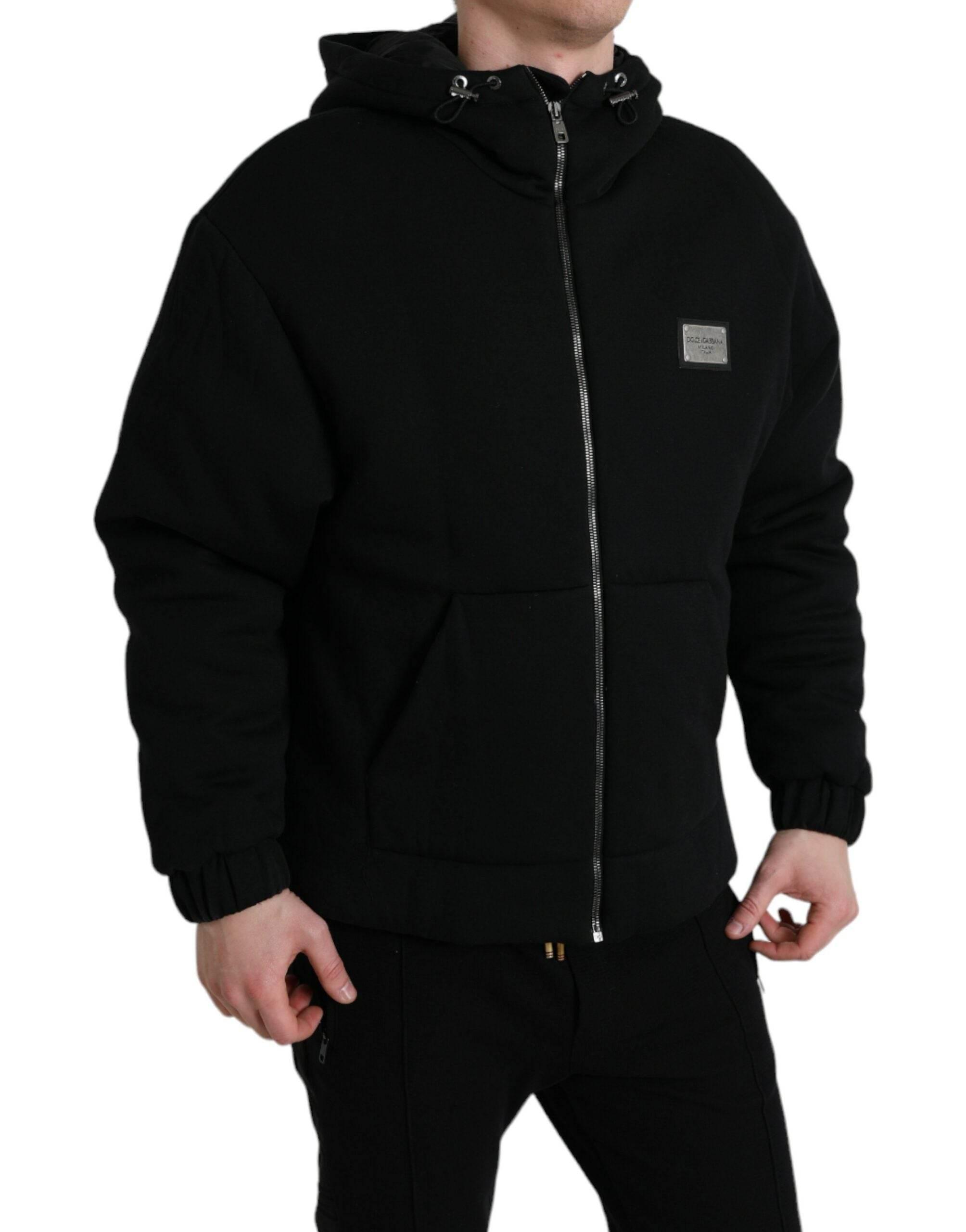 Dolce & Gabbana Black Cotton Hooded Logo Bomber Jacket - Hilstor