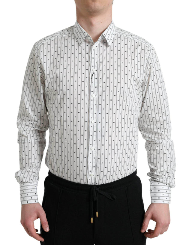 Dolce & Gabbana White Patterned Men GOLD Formal Dress Shirt - Hilstor