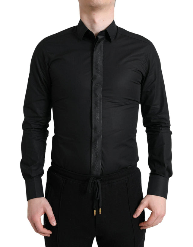 Dolce & Gabbana Black Cotton Logo Formal GOLD Dress Shirt - Hilstor