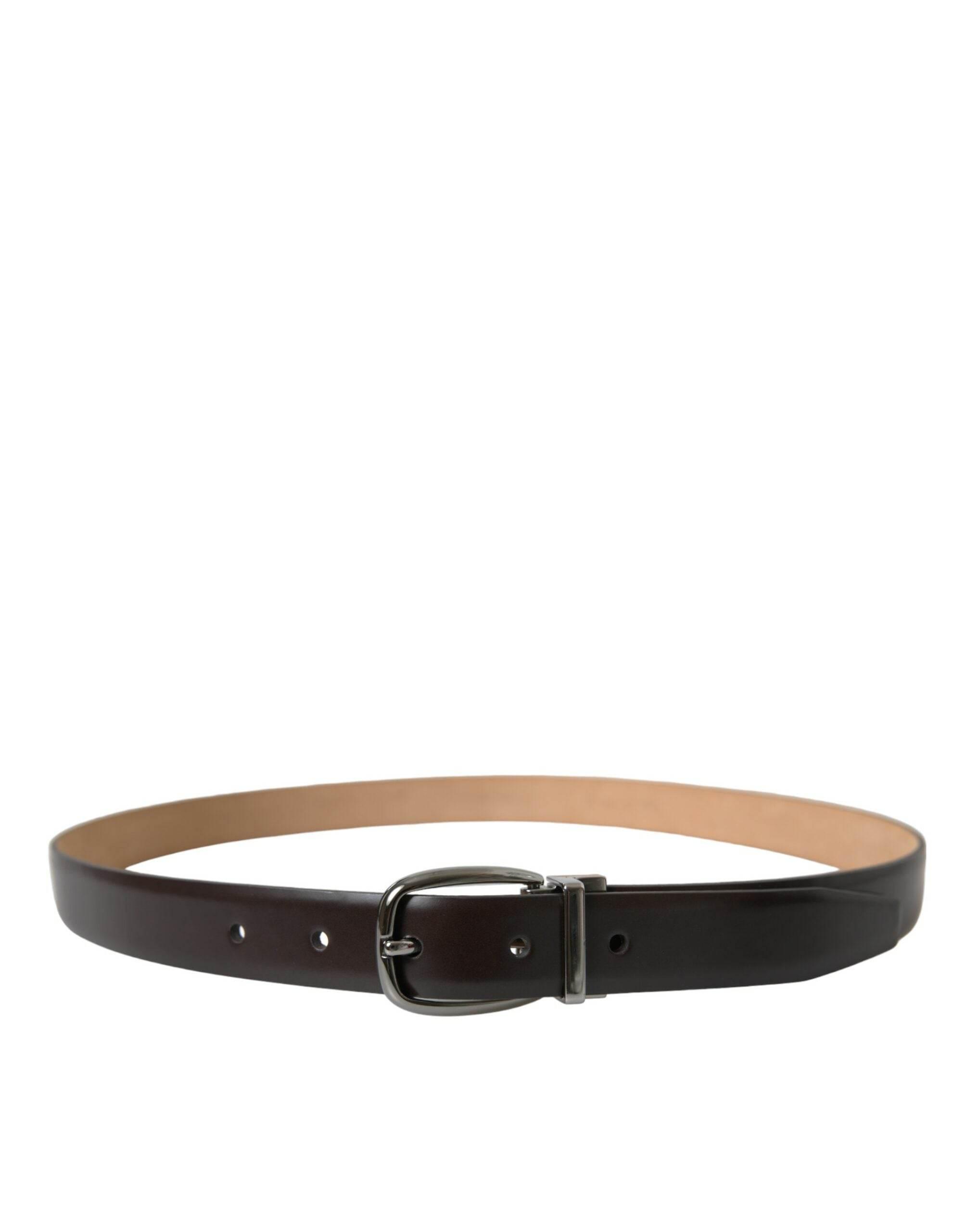 Dolce & Gabbana Dark Brown Leather Silver Metal Buckle Belt - Hilstor