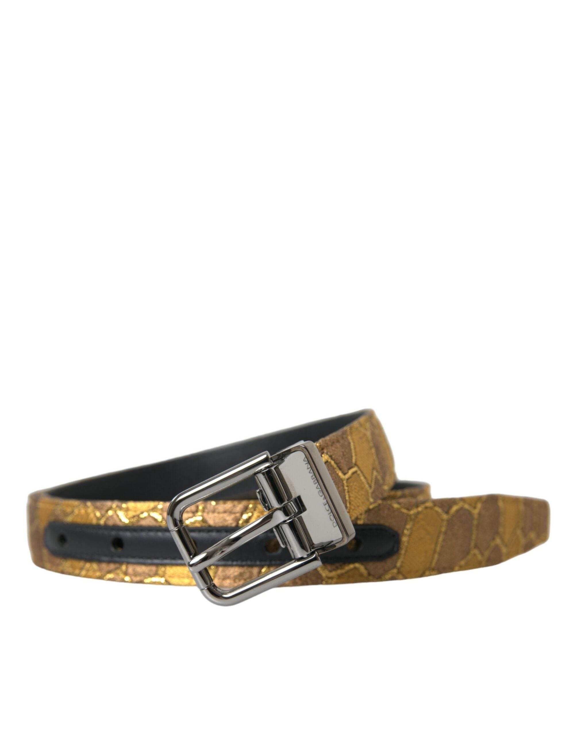 Dolce & Gabbana Gold Leather Jacquard Silver Metal Buckle Belt - Hilstor