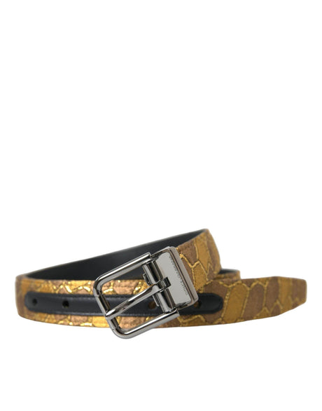 Dolce & Gabbana Gold Leather Jacquard Silver Metal Buckle Belt - Hilstor