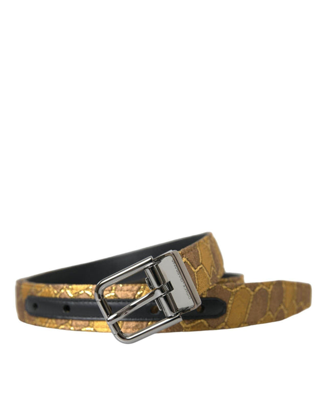 Dolce & Gabbana Gold Leather Jacquard Silver Metal Buckle Belt - Hilstor