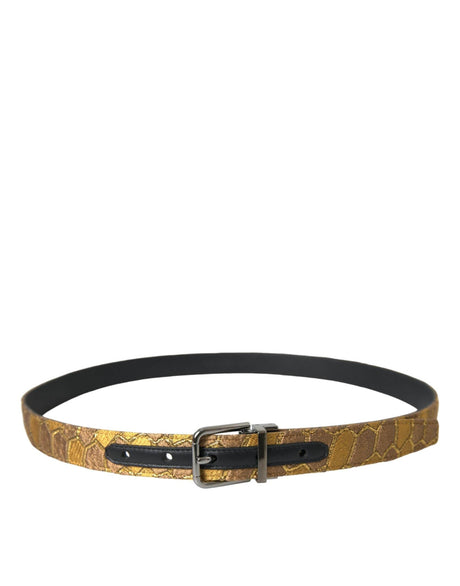 Dolce & Gabbana Gold Leather Jacquard Silver Metal Buckle Belt - Hilstor