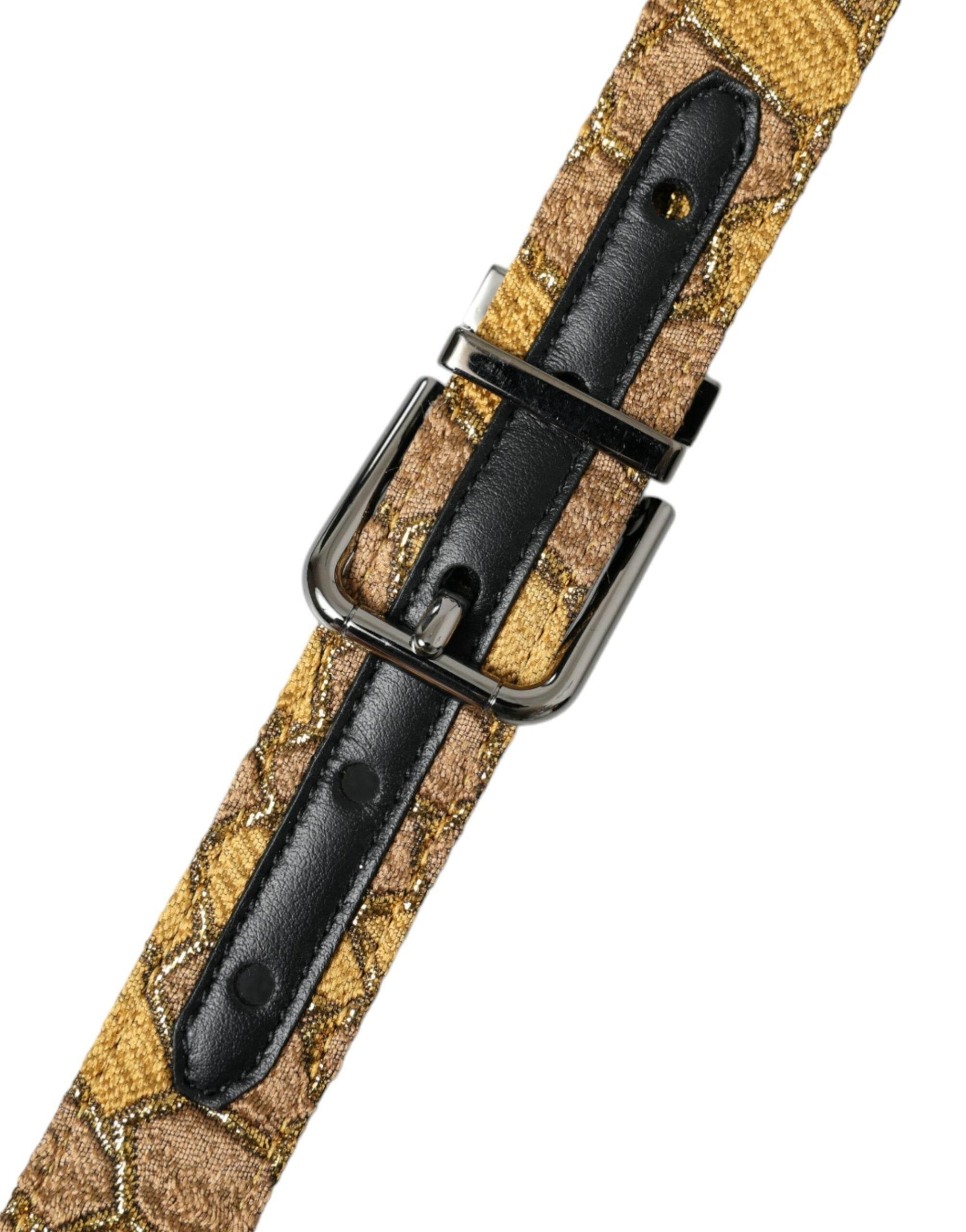 Dolce & Gabbana Gold Leather Jacquard Silver Metal Buckle Belt - Hilstor