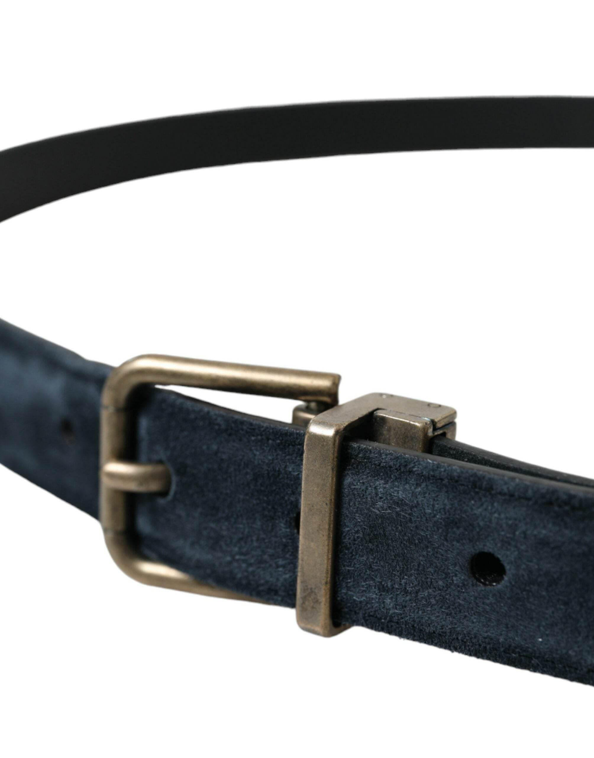Dolce & Gabbana Blue Suede Leather Gold Metal Buckle Belt - Hilstor