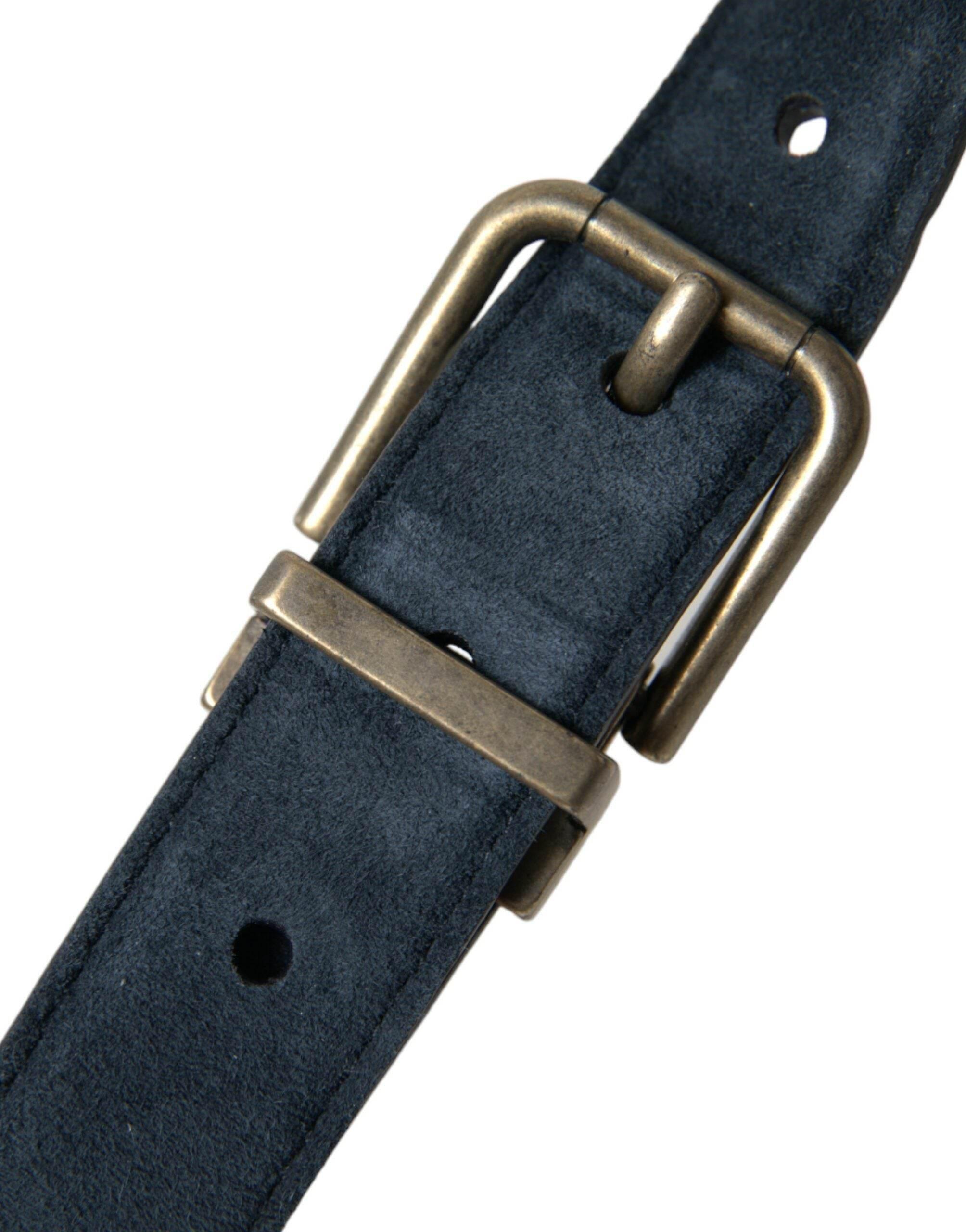 Dolce & Gabbana Blue Suede Leather Gold Metal Buckle Belt - Hilstor