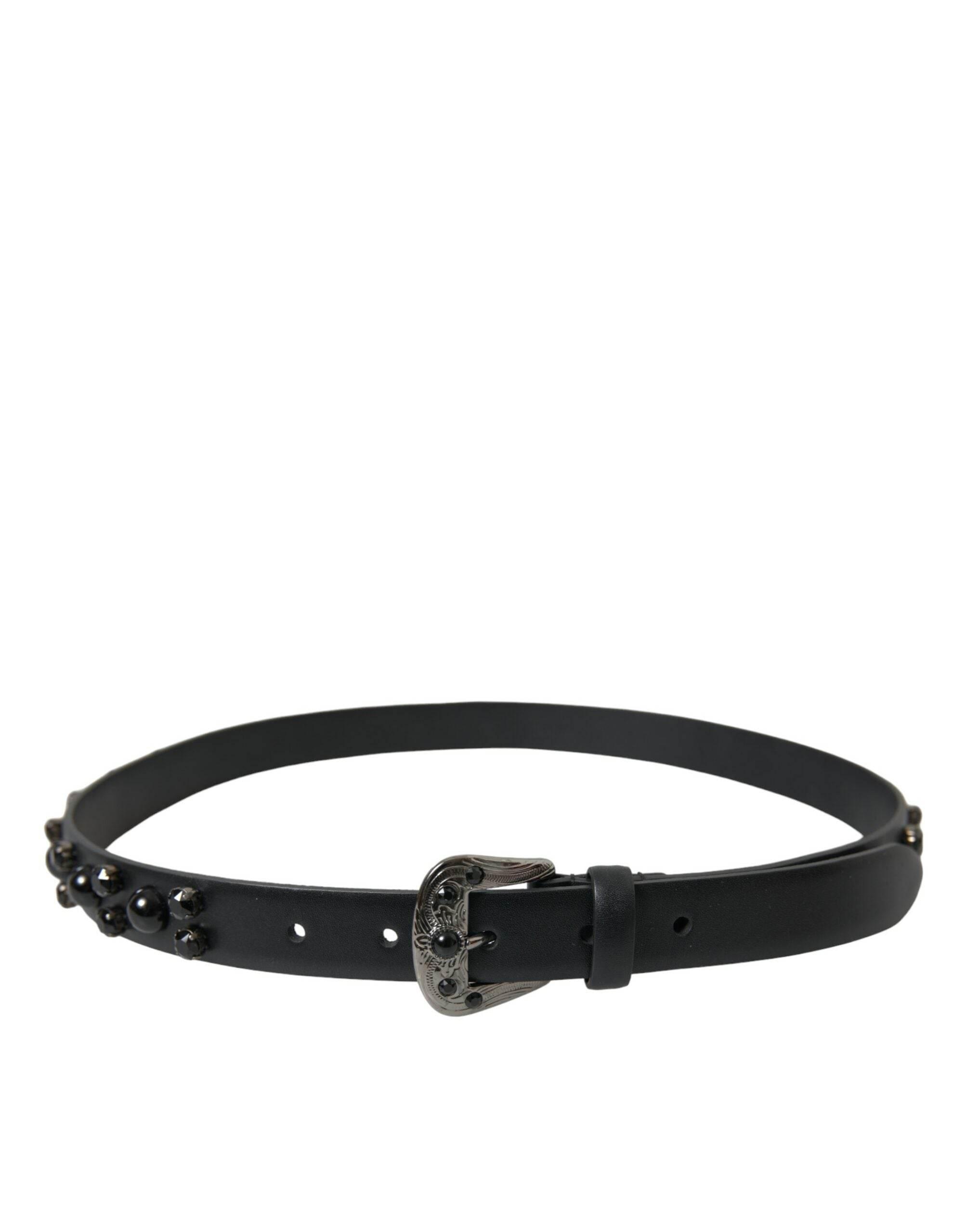 Dolce & Gabbana Black Embellished Leather Engraved Buckle Belt - Hilstor