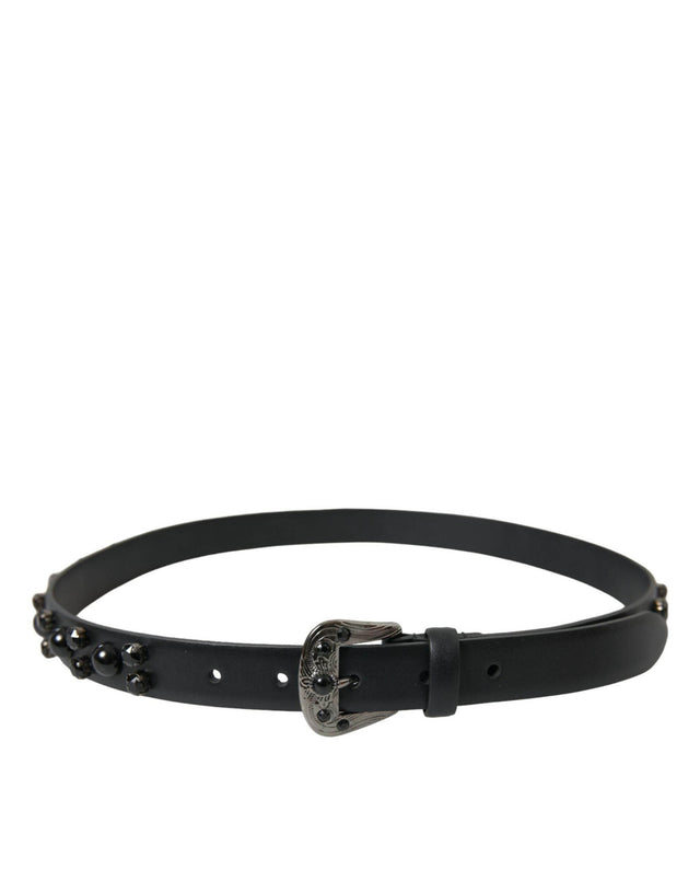 Dolce & Gabbana Black Embellished Leather Engraved Buckle Belt - Hilstor