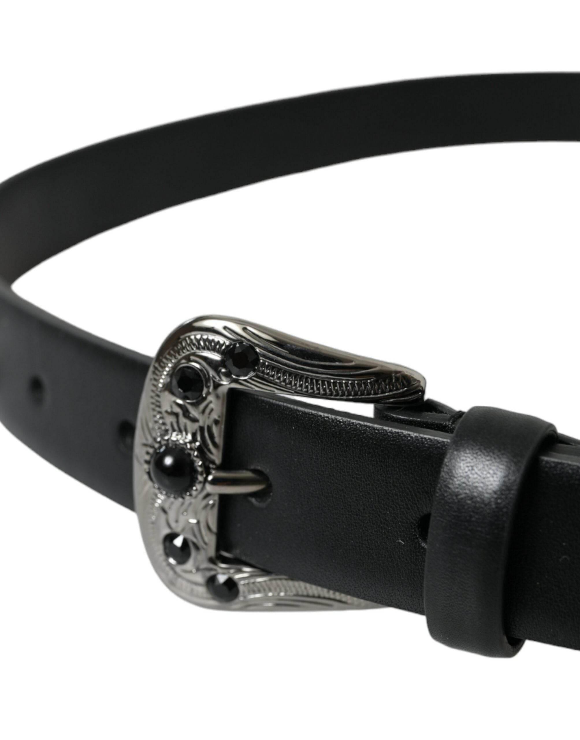 Dolce & Gabbana Black Embellished Leather Engraved Buckle Belt - Hilstor