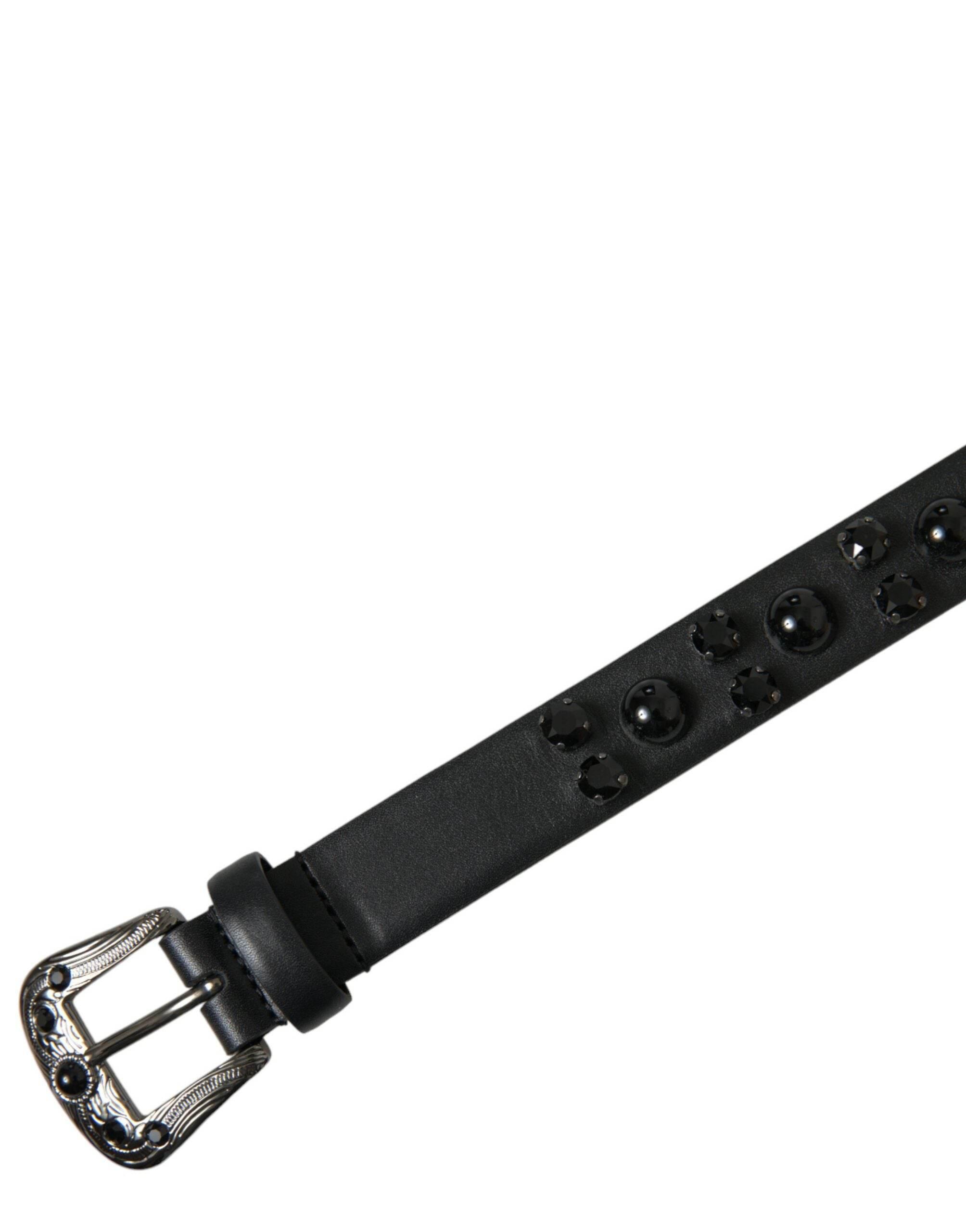 Dolce & Gabbana Black Embellished Leather Engraved Buckle Belt - Hilstor
