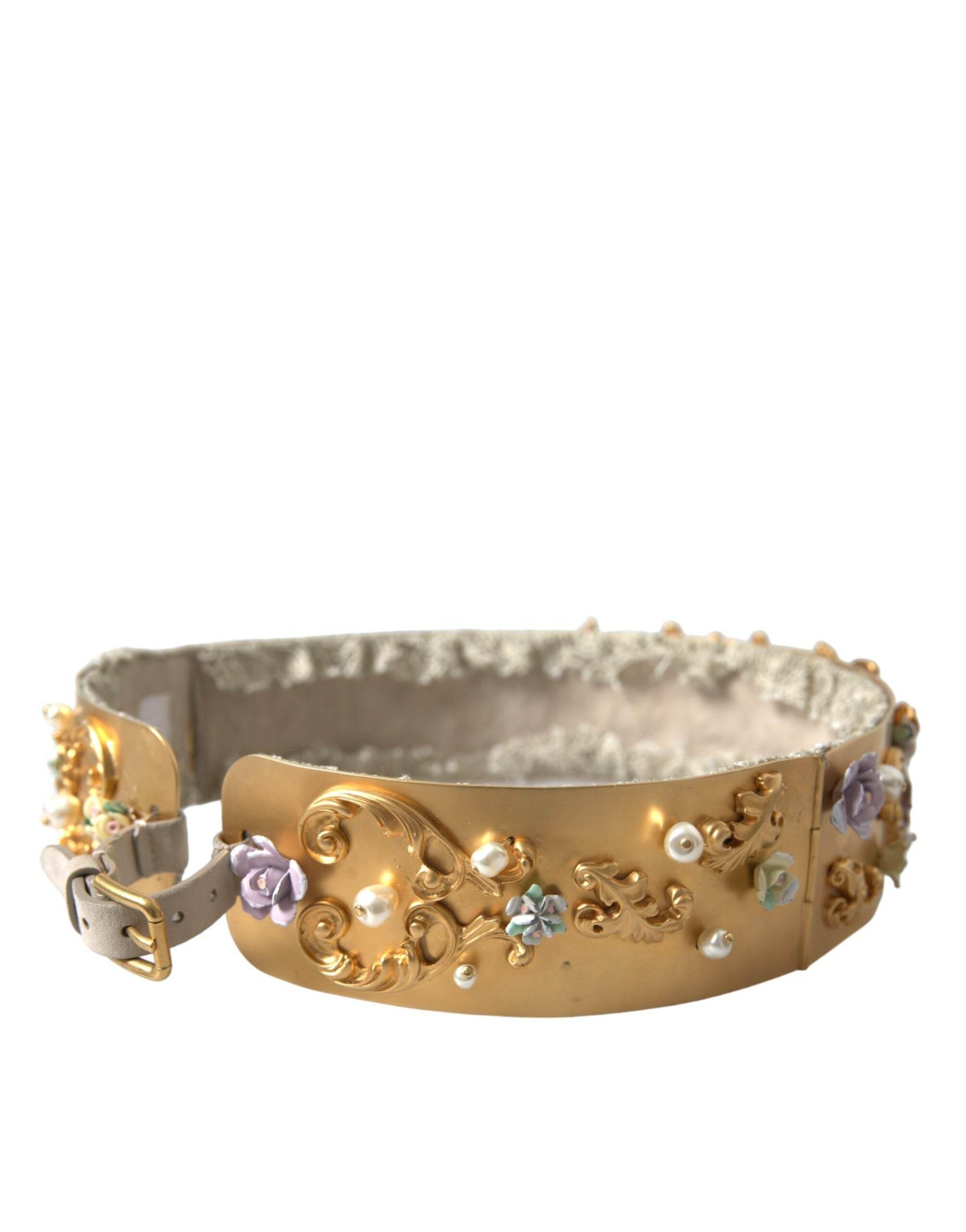 Dolce & Gabbana Elegant Gold-Tone Faux Pearl Floral Belt - Hilstor