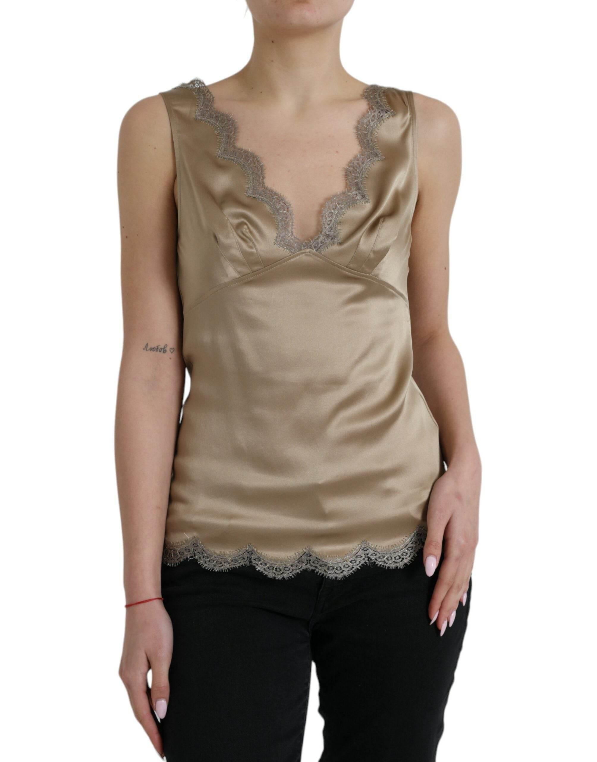 Dolce & Gabbana Brown Lace Trim V-neck Sleeveless Tank Top - Hilstor