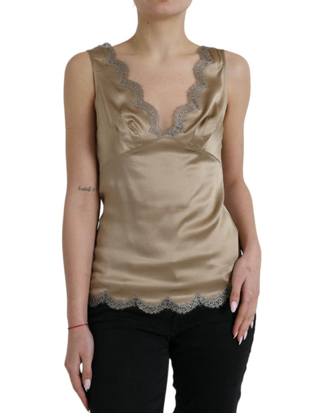 Dolce & Gabbana Brown Lace Trim V-neck Sleeveless Tank Top - Hilstor