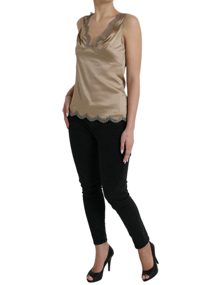 Dolce & Gabbana Brown Lace Trim V-neck Sleeveless Tank Top - Hilstor