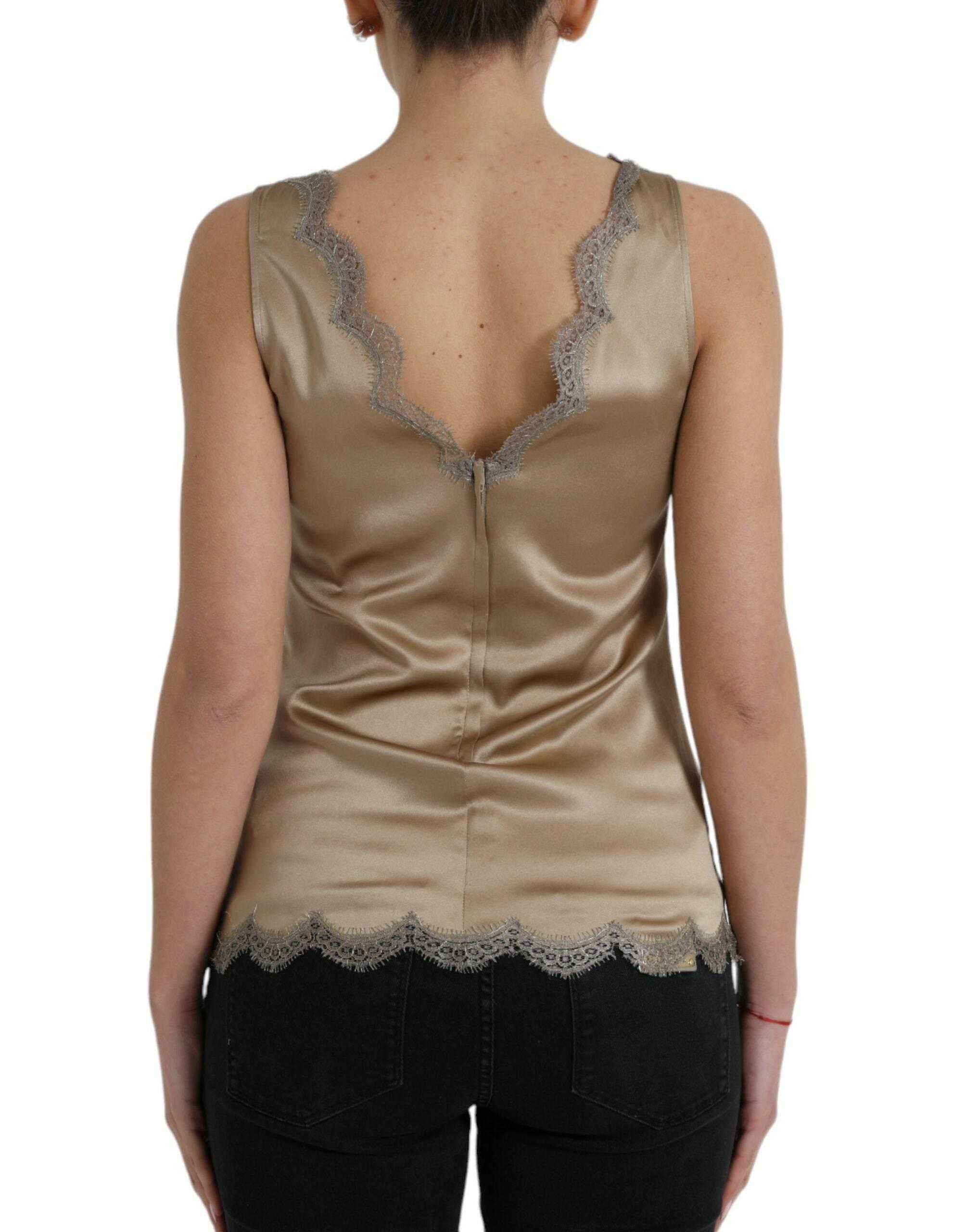 Dolce & Gabbana Brown Lace Trim V-neck Sleeveless Tank Top - Hilstor