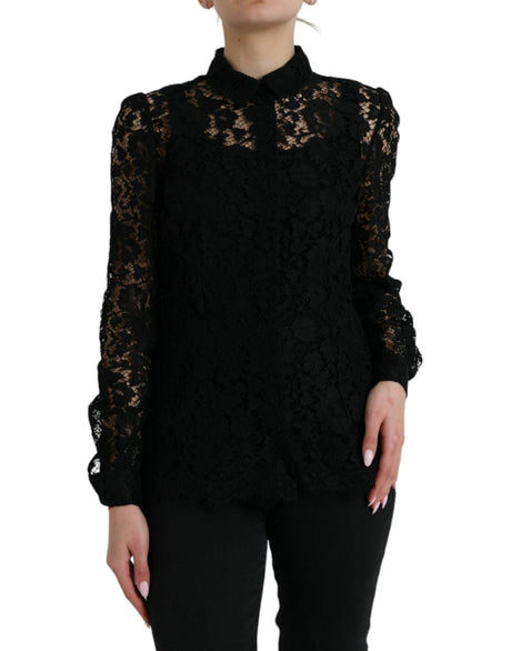 Dolce & Gabbana Black Floral Lace Long Sleeves Blouse Top - Hilstor