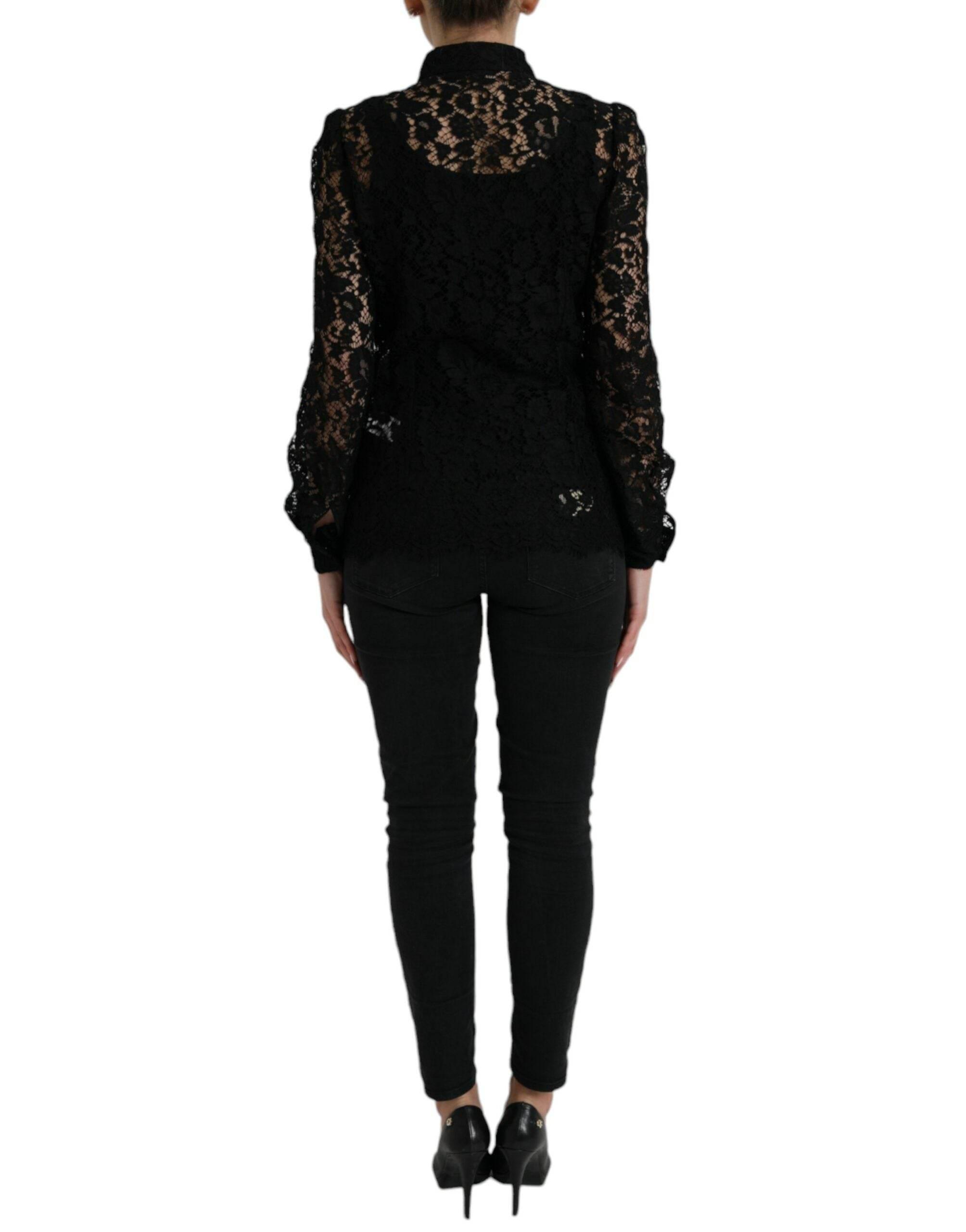 Dolce & Gabbana Black Floral Lace Long Sleeves Blouse Top - Hilstor