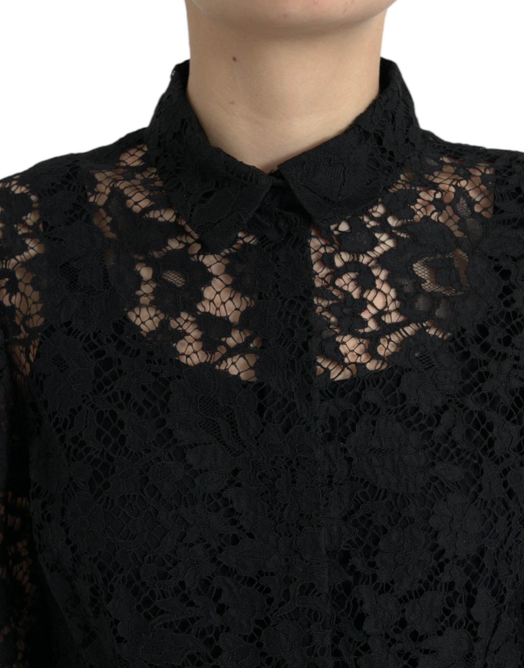 Dolce & Gabbana Black Floral Lace Long Sleeves Blouse Top - Hilstor