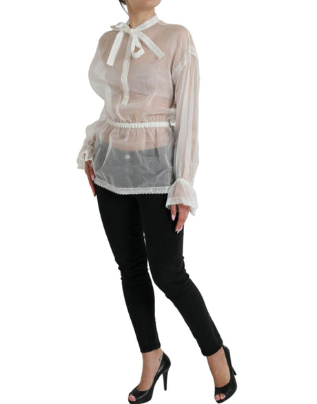 Dolce & Gabbana White Silk Long Sleeves Ascot Collar Top - Hilstor