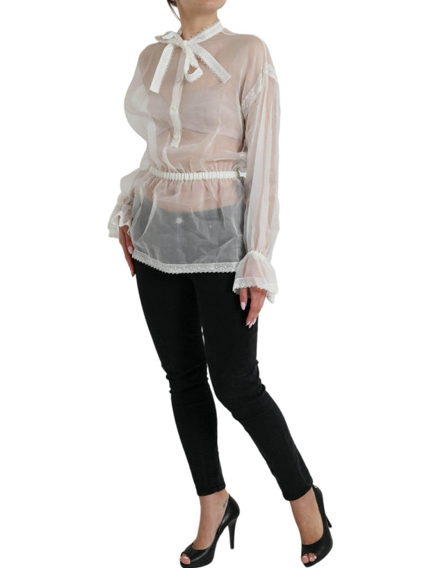 Dolce & Gabbana White Silk Long Sleeves Ascot Collar Top - Hilstor