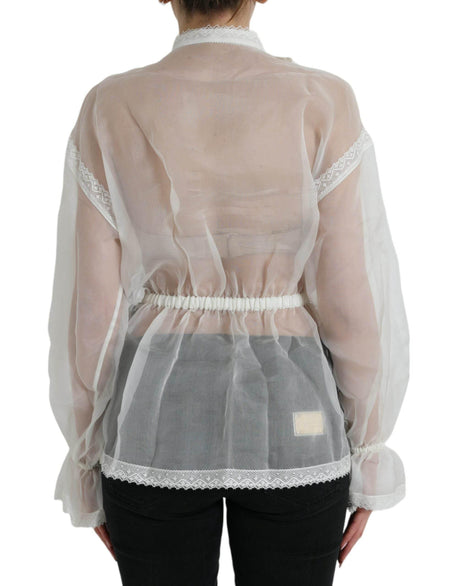 Dolce & Gabbana White Silk Long Sleeves Ascot Collar Top - Hilstor