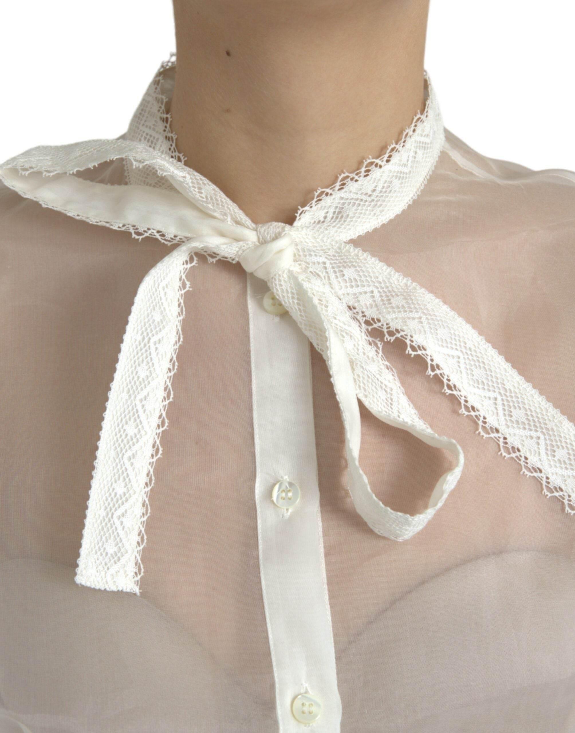 Dolce & Gabbana White Silk Long Sleeves Ascot Collar Top - Hilstor