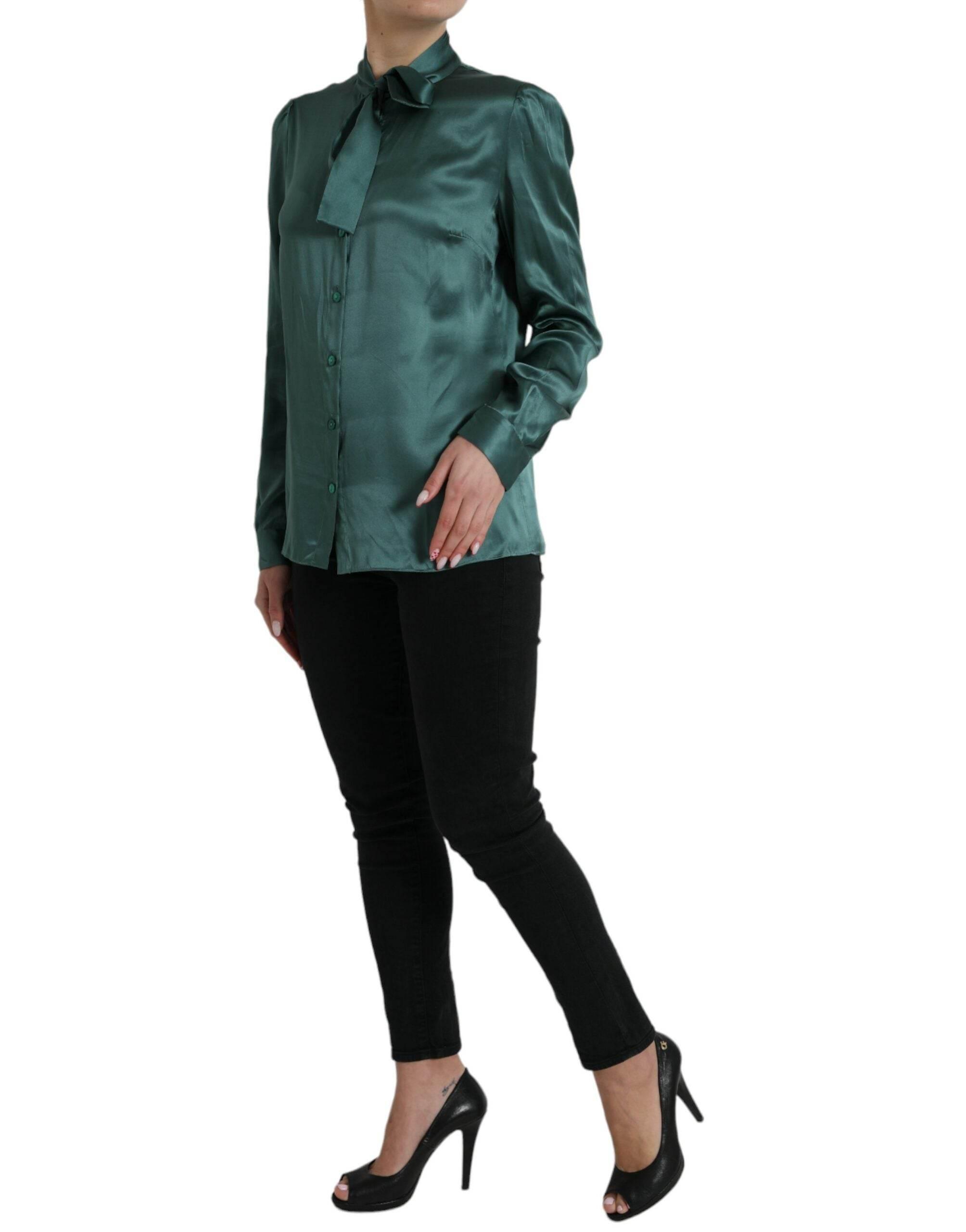 Dolce & Gabbana Dark Green Silk Ascot Collar Blouse Top - Hilstor