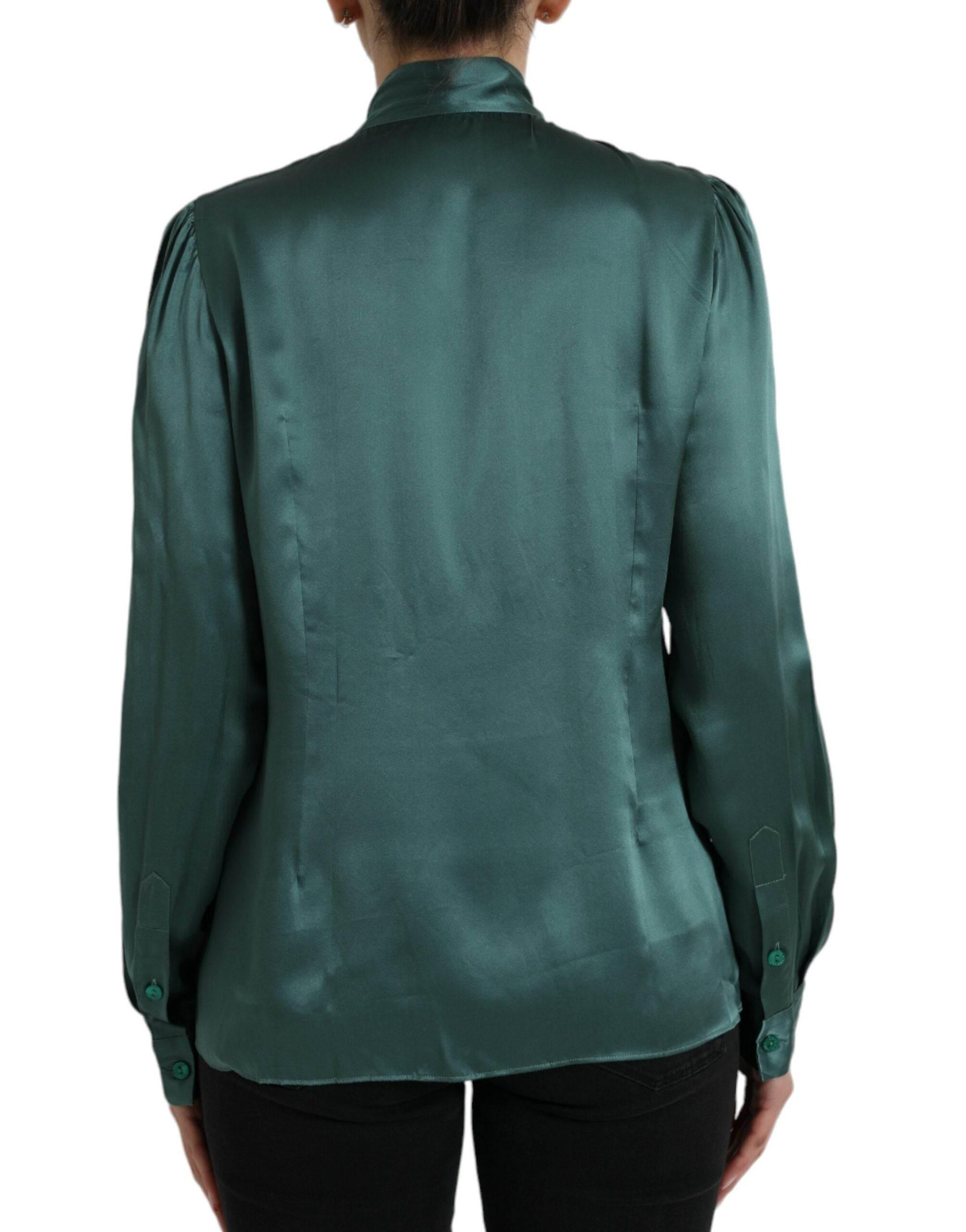 Dolce & Gabbana Dark Green Silk Ascot Collar Blouse Top - Hilstor