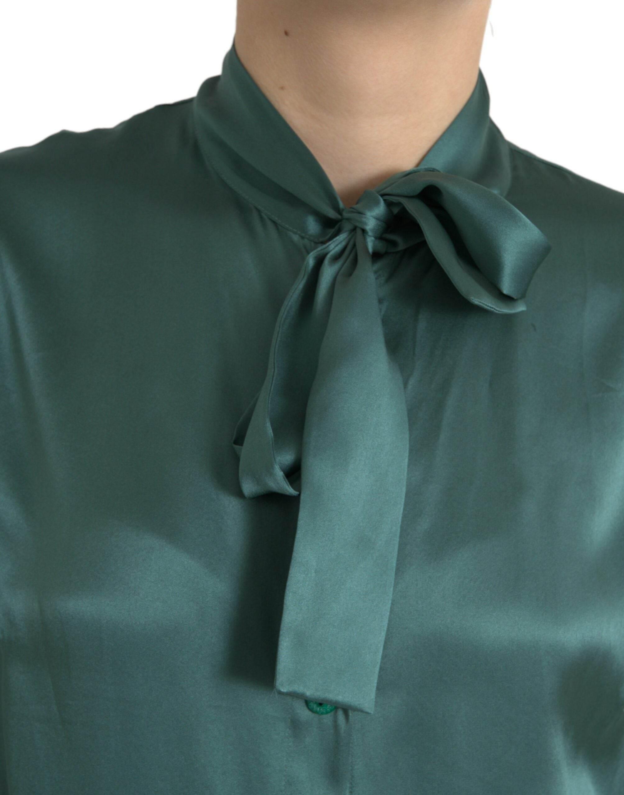 Dolce & Gabbana Dark Green Silk Ascot Collar Blouse Top - Hilstor