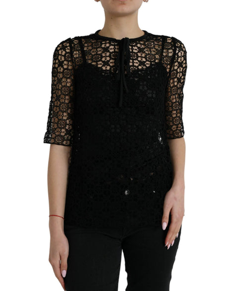 Dolce & Gabbana Black Floral Lace Short Sleeves Blouse Top - Hilstor