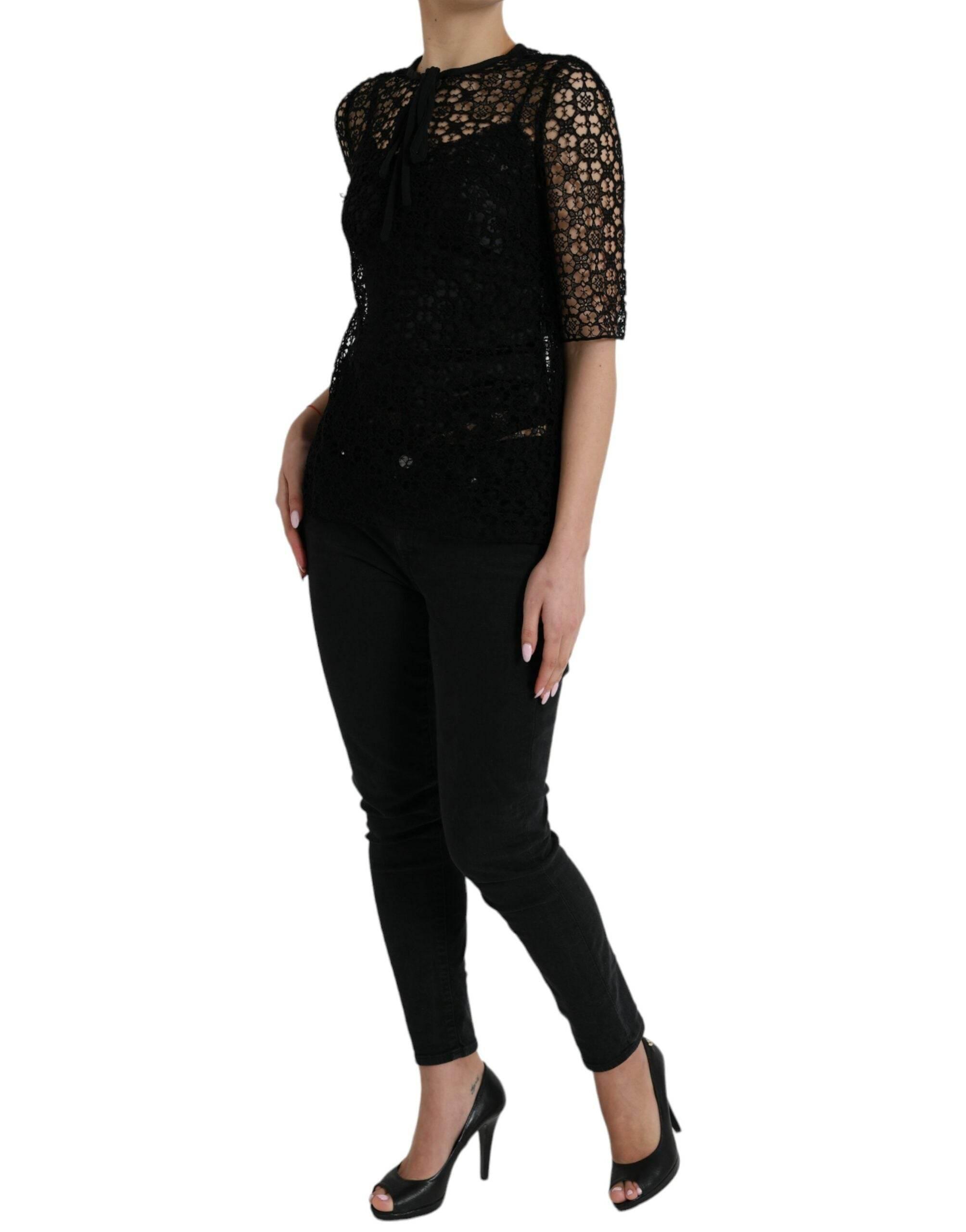 Dolce & Gabbana Black Floral Lace Short Sleeves Blouse Top - Hilstor