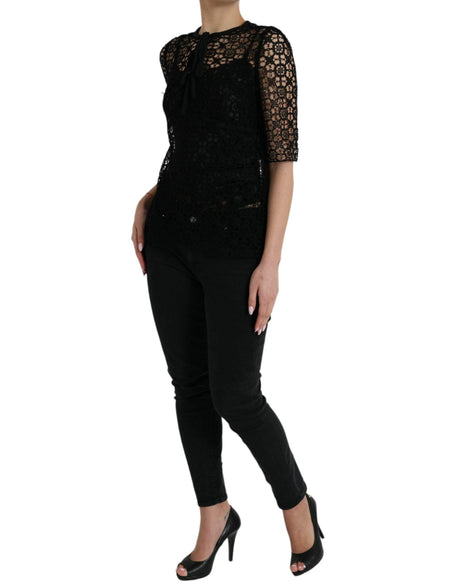 Dolce & Gabbana Black Floral Lace Short Sleeves Blouse Top - Hilstor
