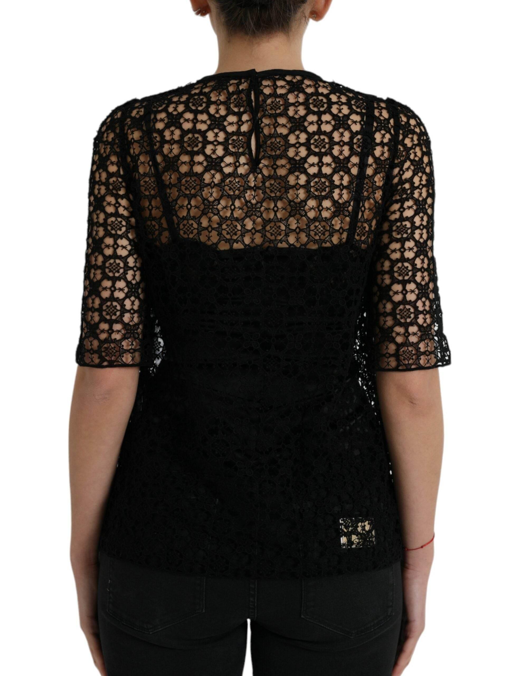 Dolce & Gabbana Black Floral Lace Short Sleeves Blouse Top - Hilstor